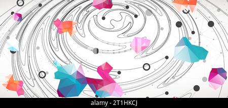 Colorful abstract swirling background with dots and geometric objects. Stock Vector