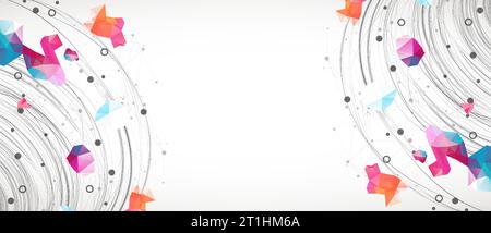 Colorful abstract swirling background with dots and geometric objects. Stock Vector