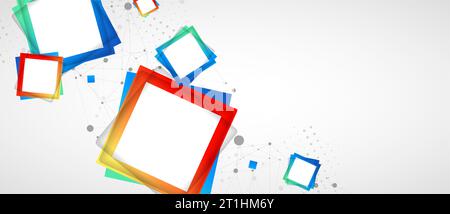 Multicolored squares arranged on a plexus abstraction for use in scientific or technical fields. Geometric abstract background with connected dots and Stock Vector