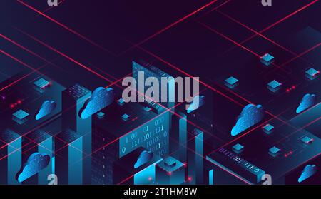 Isometric big data flow processing concept, database. Abstract technology background. Vector illustration Stock Vector