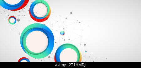 Multicolored circles arranged on a plexus abstraction for use in scientific or technical fields. Geometric abstract background with connected dots and Stock Vector