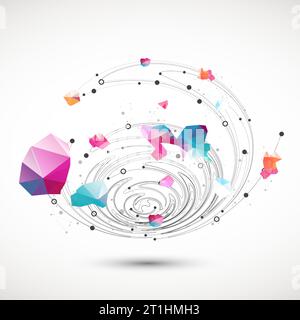 Colorful abstract swirling background with dots and geometric objects. Stock Vector