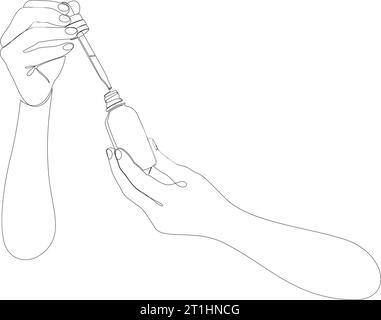 Continuous one line drawing of hand holding glass pipette taking drop from a vial. Cosmetics, oils or medical drops. Skin care concept drawn by single Stock Vector