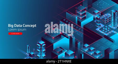 Isometric big data flow processing concept, database. Abstract technology background. Vector illustration Stock Vector