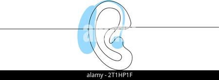 Hearing aid in human ear continuous one line drawing. Hearing device minimal single line illustration. International week of the deaf vector Stock Vector