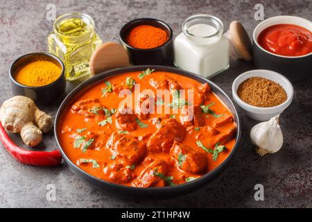 Traditional Indian British dish chicken tikka masala with spicy curry meat in creamy gravy over dark concrete background closeup. Horizontal Stock Photo