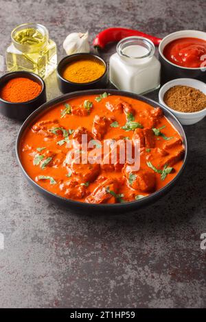 Chicken tikka masala traditional dish of indian cuisine in a black bowl with ingredients over dark concrete background closeup. Vertical Stock Photo