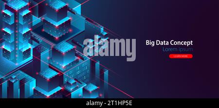 Isometric big data flow processing concept, database. Abstract technology background. Vector illustration Stock Vector