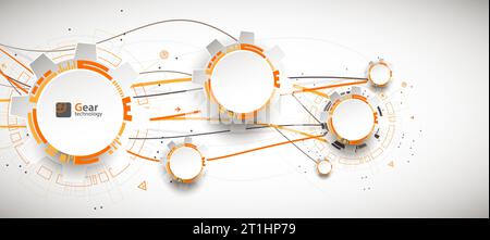 Abstract orange colored technology background with various technological elements. Stock Vector