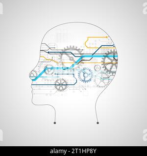Artificial intelligence (AI) and big data concept. Machine cyber mind. Humen face with binary data flow. Technology vector background. Stock Vector