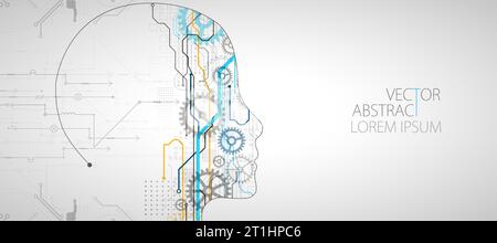 Artificial intelligence (AI) and big data concept. Machine cyber mind. Humen face with binary data flow. Technology vector background. Stock Vector