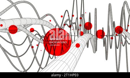 Vector abstract background with a wireframe dynamic waves, line and particles. Stock Vector