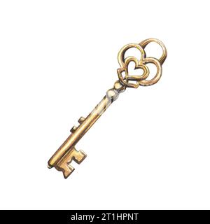 Gold jewelry key, elegant in the shape of a heart. Hand drawn watercolor illustration for weddings, Valentine's day, romance, cards, posters Stock Photo