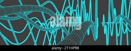 Vector abstract background with a wireframe dynamic waves, line and particles. Stock Vector