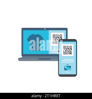 Online shopping contactless payment technology by scanning qr code from laptop using smartphone Stock Vector