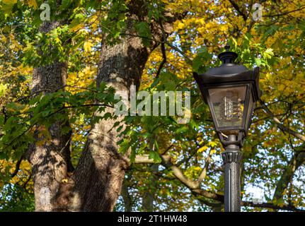 iron street lamp on a sunny autumn day close-up Stock Photo
