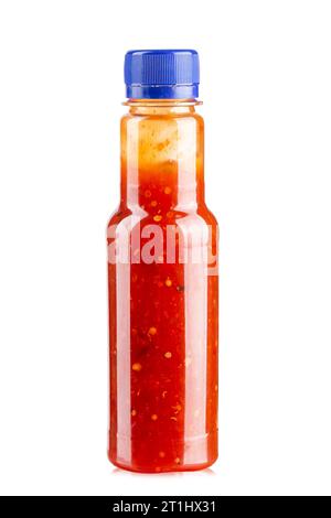 Blank label tomato ketchup glass bottle upside down on white background ...