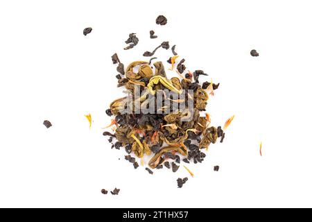 Tea with strawberry flavor and passion fruit on white background. Top view. Stock Photo