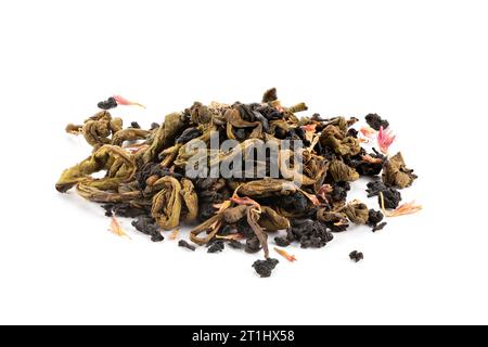 Tea with strawberry flavor and passion fruit on white background. Top view. Stock Photo