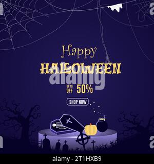 Happy Halloween sale offers a poster with a dark purple backdrop and spider web design vector illustration. Stock Vector