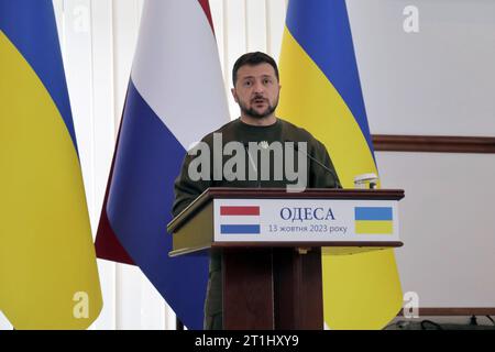 Non Exclusive: ODESA, UKRAINE - OCTOBER 13, 2023 - Ukrainian President Volodymyr Zelenskyy is pictured during a joint press conference with Dutch Prim Stock Photo