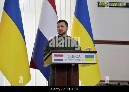 Non Exclusive: ODESA, UKRAINE - OCTOBER 13, 2023 - Ukrainian President Volodymyr Zelenskyy is pictured during a joint press conference with Dutch Prim Stock Photo