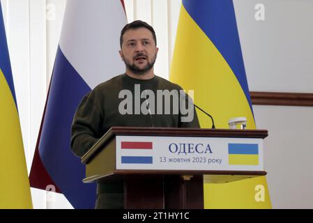 Non Exclusive: ODESA, UKRAINE - OCTOBER 13, 2023 - Ukrainian President Volodymyr Zelenskyy is pictured during a joint press conference with Dutch Prim Stock Photo