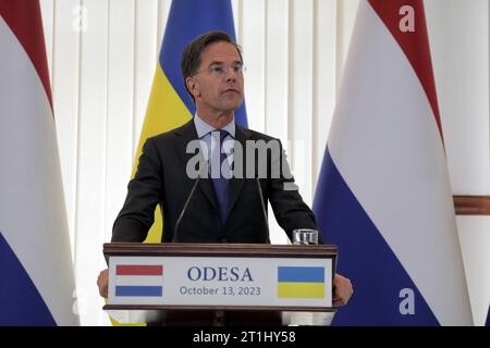 Non Exclusive: ODESA, UKRAINE - OCTOBER 13, 2023 - Dutch Prime Minister Mark Rutte is pictured during a joint press conference with Ukrainian Presiden Stock Photo