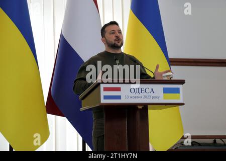 Non Exclusive: ODESA, UKRAINE - OCTOBER 13, 2023 - Ukrainian President Volodymyr Zelenskyy is pictured during a joint press conference with Dutch Prim Stock Photo