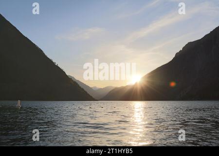Beautiful View from Above of Seton Lake surrounded by Canadian Mountain Landscape during a summer day. Taken in Shalalth near Lillooet, BC, Canada. Stock Photo