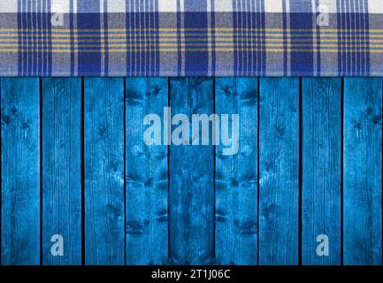 Blue white plaid napkin on blue pine wooden floor empty table or cutting board Stock Photo