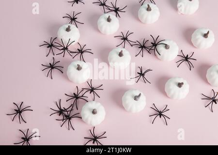 white mini pumpkins aligned symmetrically in rows and columns in the middle of a spider infestation on a pastel pink background. Minimalist, trendy st Stock Photo