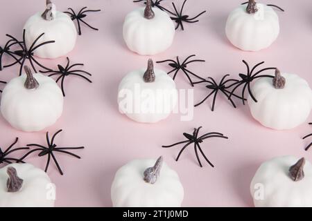 white mini pumpkins aligned symmetrically in rows and columns in the middle of a spider infestation on a pastel pink background. Minimalist, trendy st Stock Photo
