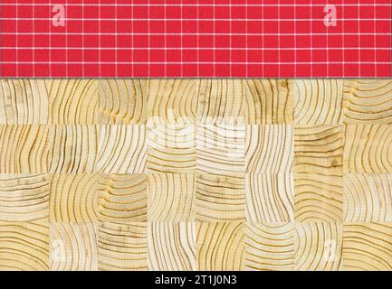 Red white plaid napkin on pine wooden floor empty table or cutting board Stock Photo