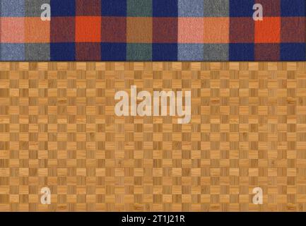 Colourful plaid napkin on bamboo wooden floor empty table or cutting board Stock Photo