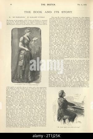 Victorian book review of My Flirtations by Margaret Wynman, 1890s, Woman reading letter, man playing piano Stock Photo
