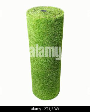 Closeup of a roll of artificial grass upright and isolated on white background. Stock Photo