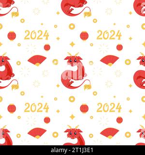 Seamless pattern chinese dragon, red cute 2024. Vector cartoon illustration Stock Vector