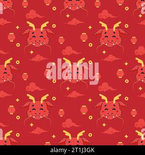Seamless pattern chinese dragon, red cute 2024. Vector cartoon illustration Stock Vector