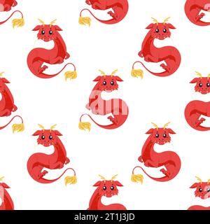 Seamless pattern chinese dragon, red cute 2024. Vector cartoon illustration Stock Vector