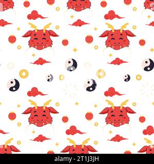 Seamless pattern chinese dragon, red cute 2024. Vector cartoon illustration Stock Vector
