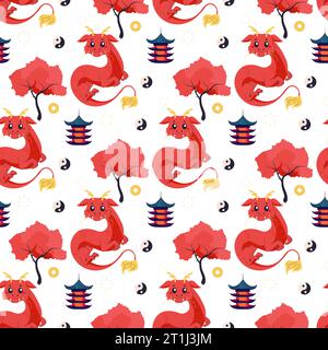 Seamless pattern chinese dragon, red cute 2024. Vector cartoon illustration Stock Vector
