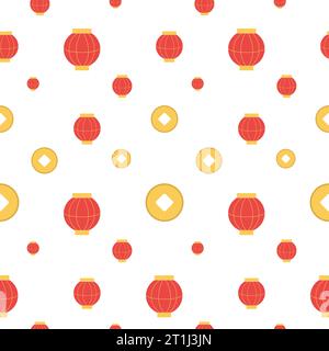 Seamless pattern chinese lanterns red. Vector cartoon illustration Stock Vector