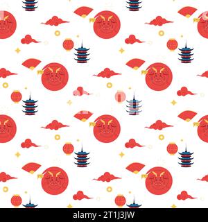 Seamless pattern chinese dragon, red cute 2024. Vector cartoon illustration Stock Vector