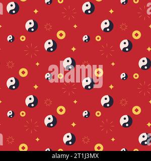 Seamless yin yang pattern and chinese gold coins. Vector cartoon illustration Stock Vector