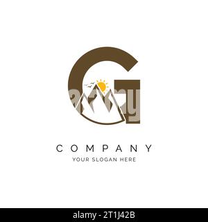 letter G with mountain logo inspiration, alphabet G with mountains, peaks, sun and birds concept design logo vector line pattern Stock Vector
