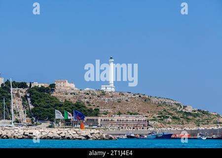 The lighthouse (built 1864) at Santa Maria di Leuca, a village on the Adriatic coast on the southernmost tip of the Salento peninsula, southern Italy Stock Photo