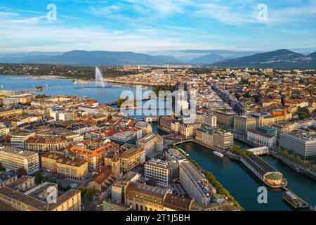 Geneva, Switzerland skyline view towards the Jet d'Eau fountain in Lake Geneva. Stock Photo