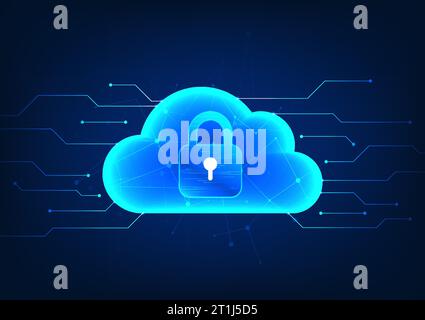 cloud technology Inside is a lock with a technological circuit on the back. It refers to storing data through a cloud system that has a system to prev Stock Vector
