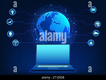 Computer technology on the back of a globe with connected icons It represents a computer used to access data and send it around the world. Stock Vector